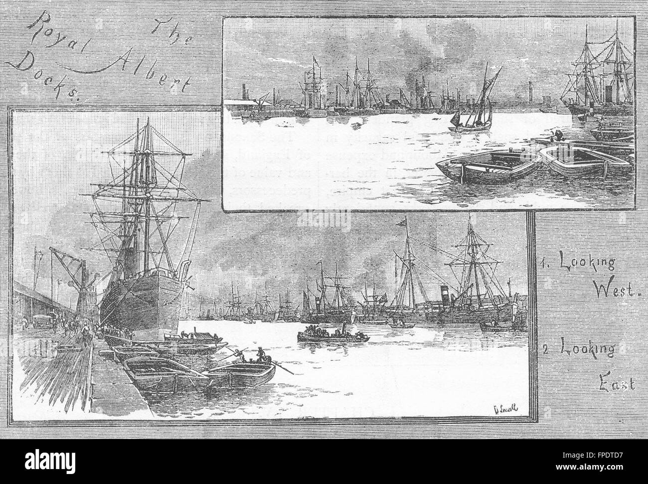 PLAISTOW AND EAST HAM: The Royal Albert Docks: Looking West & East, print 1888 Stock Photo