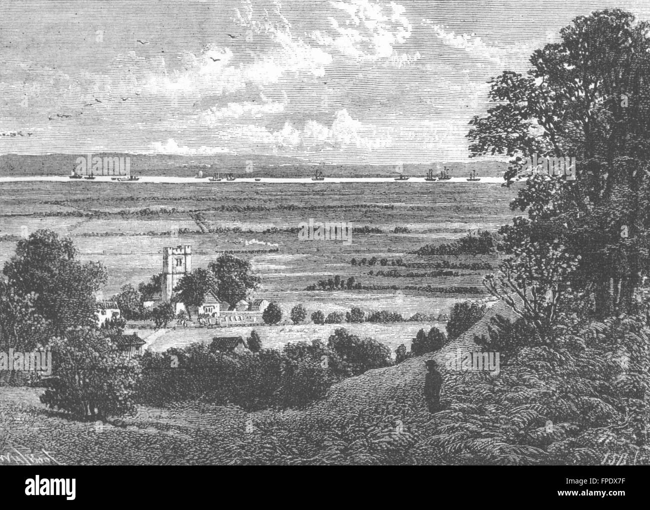PLUMSTEAD Plumstead Church and Marshes in 1854, antique print 1888