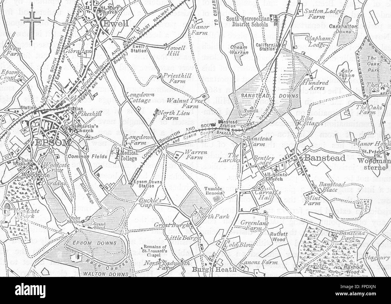 Map of Banstead Downs and Vicinity SUTTON Surrey 1888 old antique chart 
