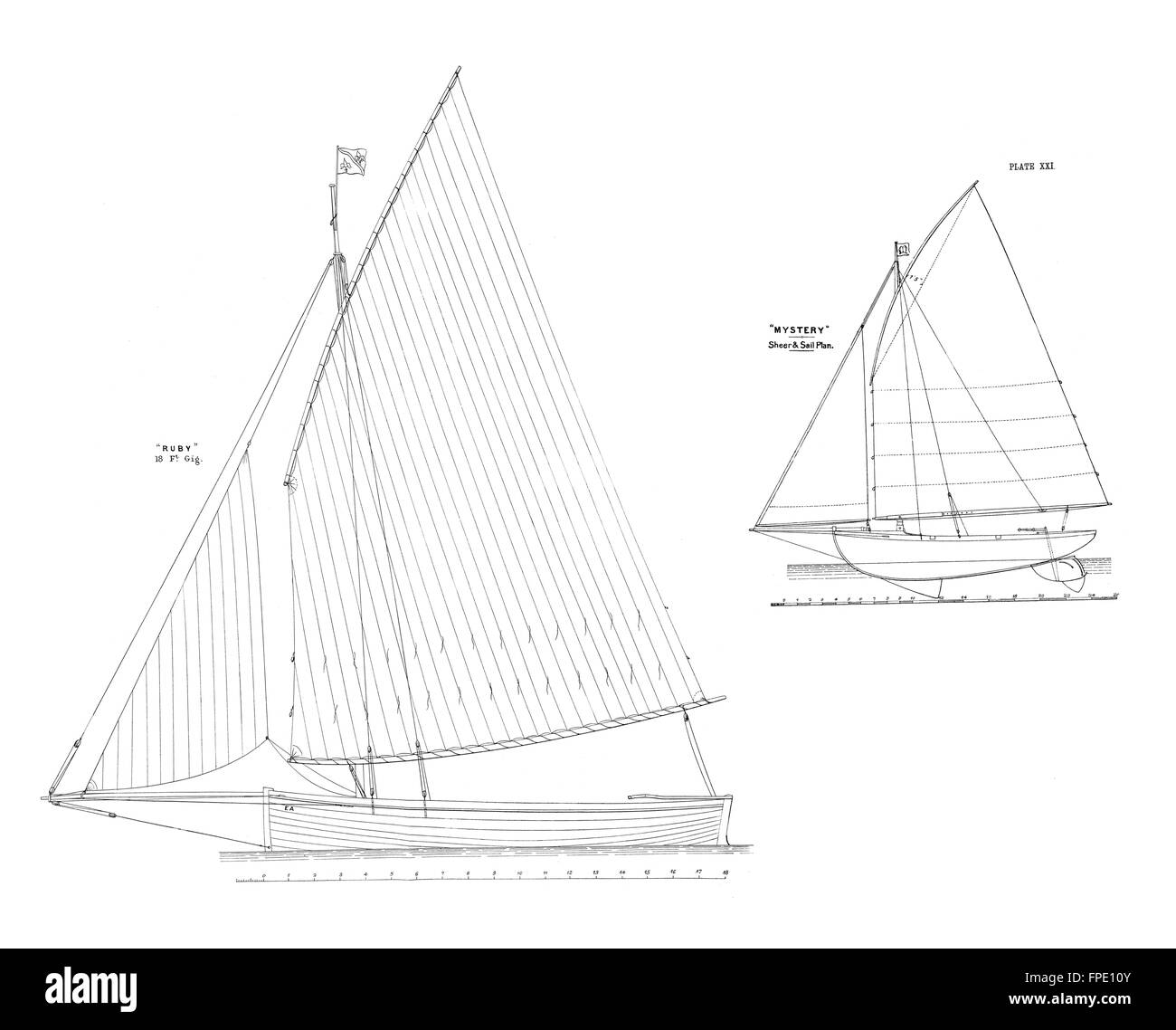 SAIL PLANS: 'Ruby' 18 Ft Gig; 'Mystery' Sheer plan, antique print 1891 Stock Photo