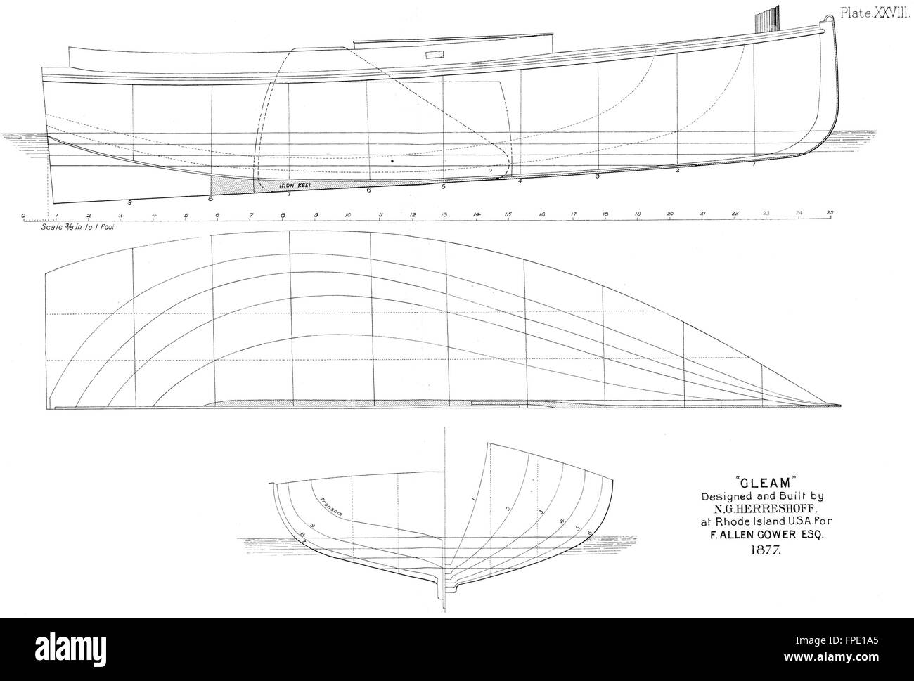 BOAT PLAN Cat Boat 'Gleam', Herreshoff, Rhode Island, antique print