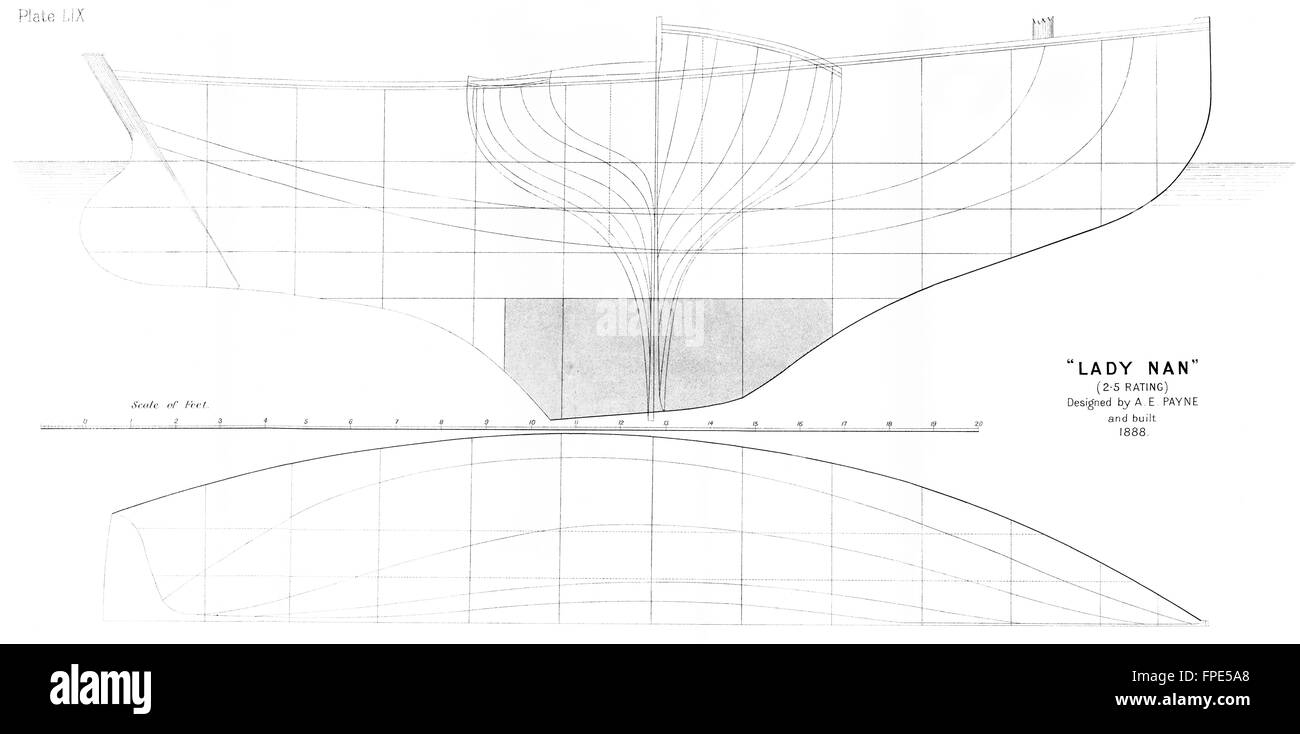 BOAT PLAN: 'Lady Nan'(2-5 rating)E Payne, antique print 1891 Stock Photo