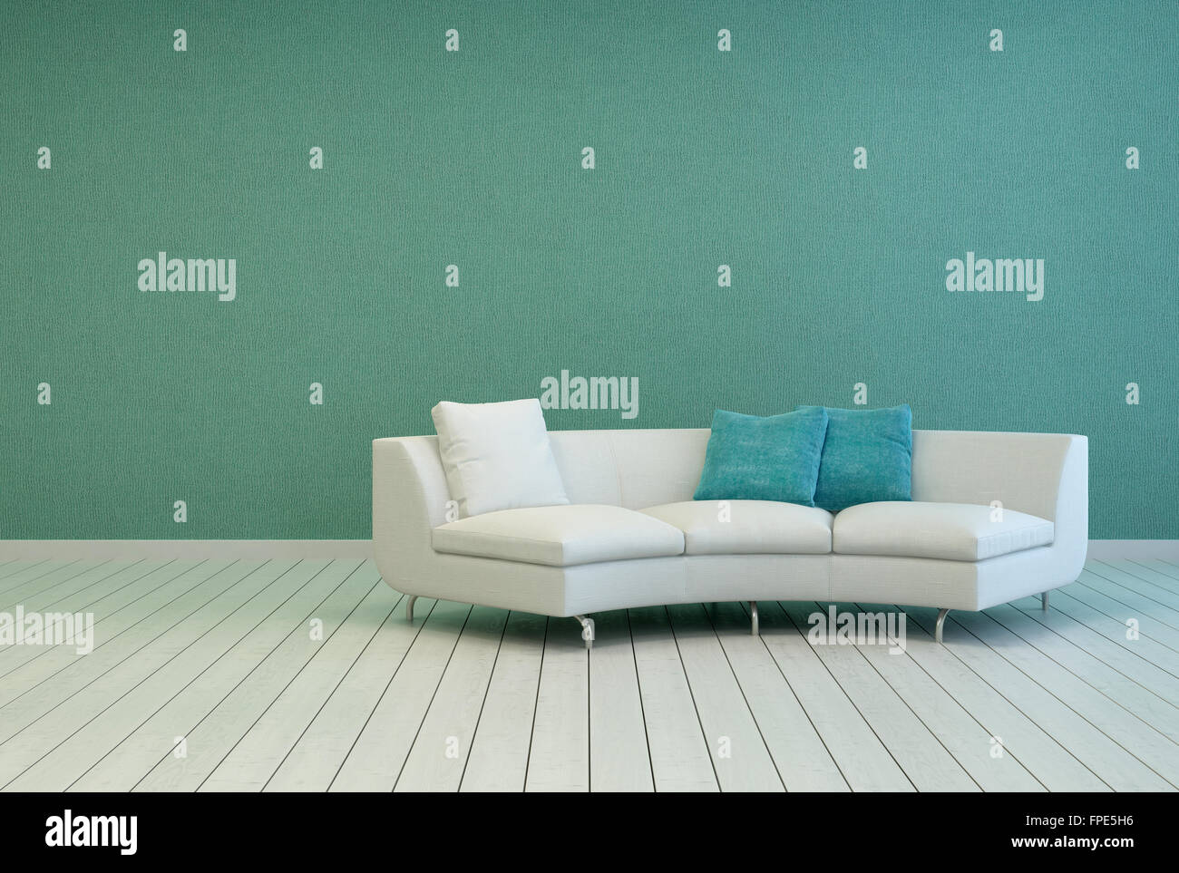 Elegant White Sofa With Square Pillows On An Empty Living Room