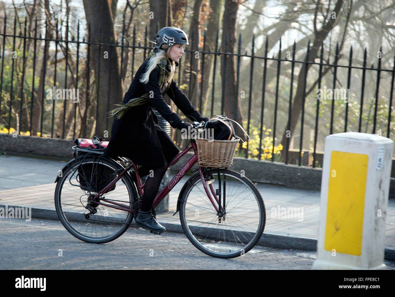 woman cyclist commuter bike basket on way to work Stock Photo