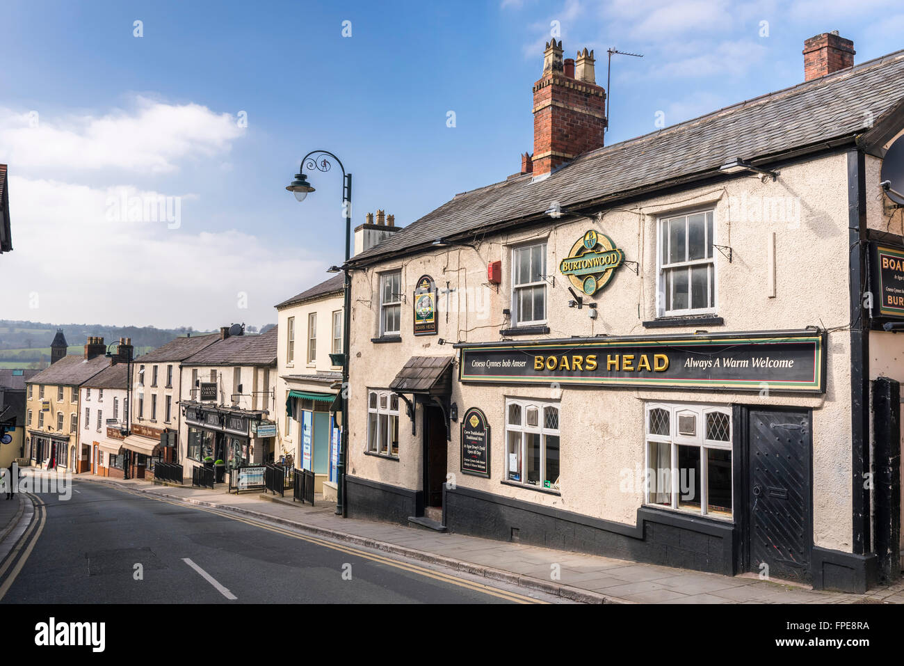 Looking down Clwyd street past the Boar's Head pub in the centre of