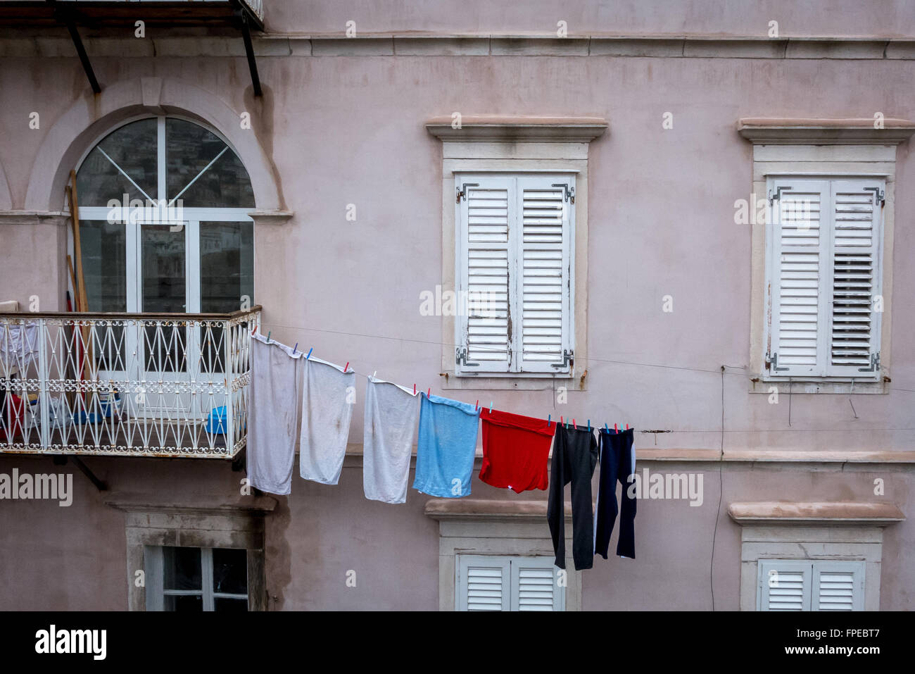 Washing hanging on a line in the old city of Dubrovnik, Croatia. Stock Photo