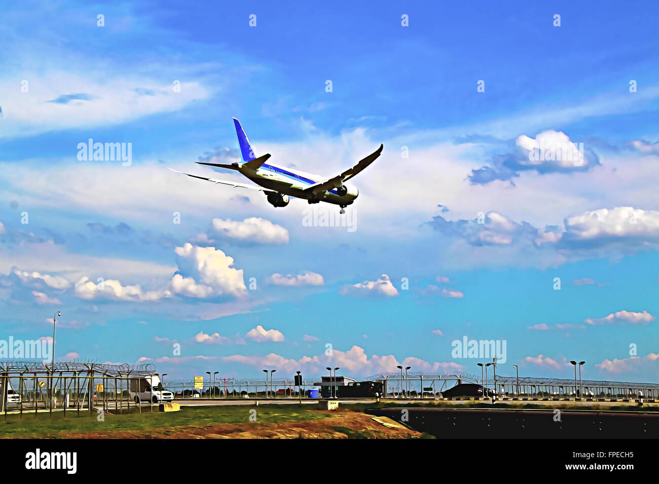 sketch painting of the airplane was landing Stock Photo