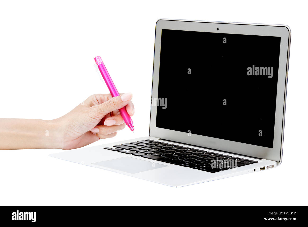 laptop with hand and pen Stock Photo