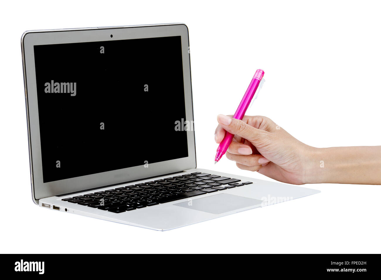 laptop with hand and pen Stock Photo