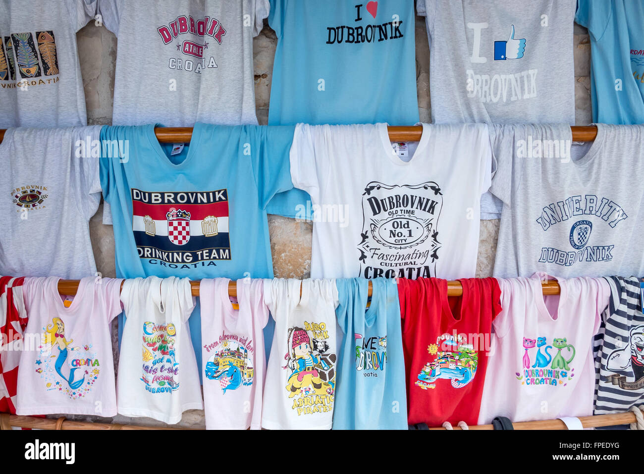 Souvenirs on sale to tourists at shops in the old city of Dubrovnik. Stock Photo