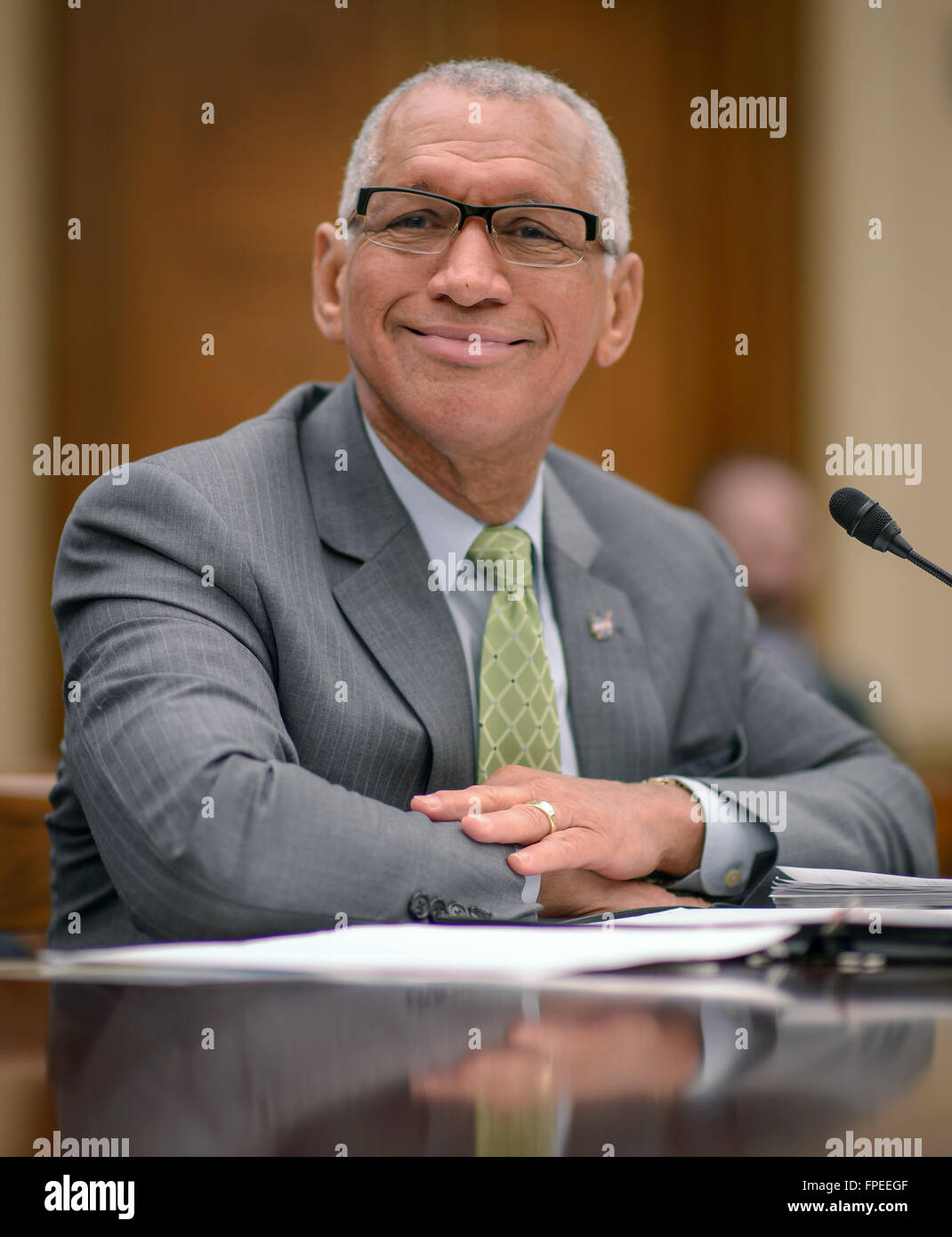 NASA Administrator Charles Bolden during the House Committee on Science, Space, and Technology hearing on the budget for the National Aeronautics and Space Administration at the Rayburn House Office Building on Capitol Hill March 17, 2016 in Washington, DC. Stock Photo