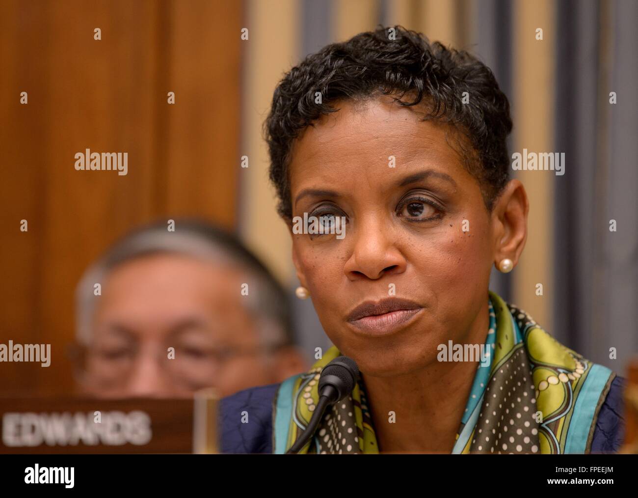 U.S Congresswoman Donna Edwards during the House Committee on Science, Space, and Technology hearing on the budget for the National Aeronautics and Space Administration at the Rayburn House Office Building on Capitol Hill March 17, 2016 in Washington, DC. Stock Photo