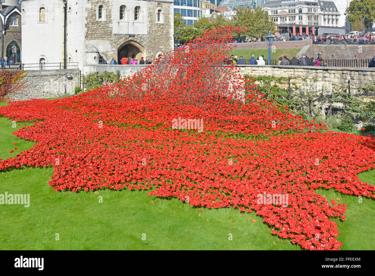 Cascading field of ceramic poppies 'Blood swept lands & seas of red' draped across dry moat at Tower of London as  World War 1 tribute to the fallen Stock Photo