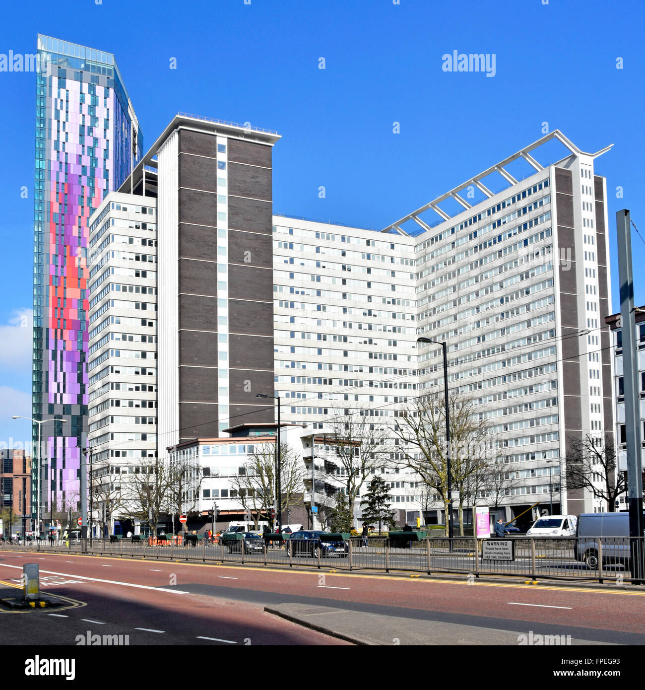 Wellesley Road dual carriageway in Croydon with tall buildings including Home Office Lunar House & new colourful apartment tower block beyond Stock Photo