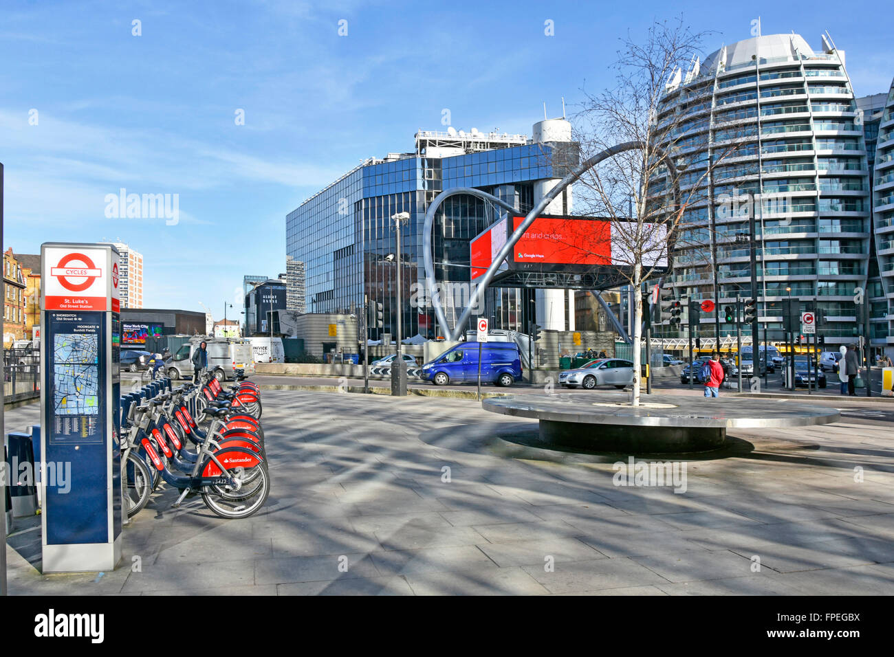 Old Street Roundabout junction of Old Street & City Road adjacent areas referred to as Silicon Roundabout or Tech City Santander bike hire docking UK Stock Photo