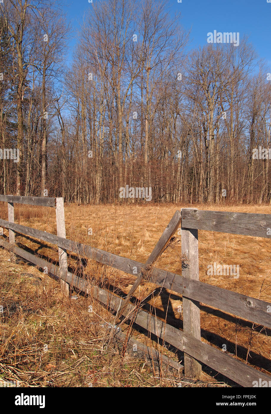 broken wooden farm fence Stock Photo