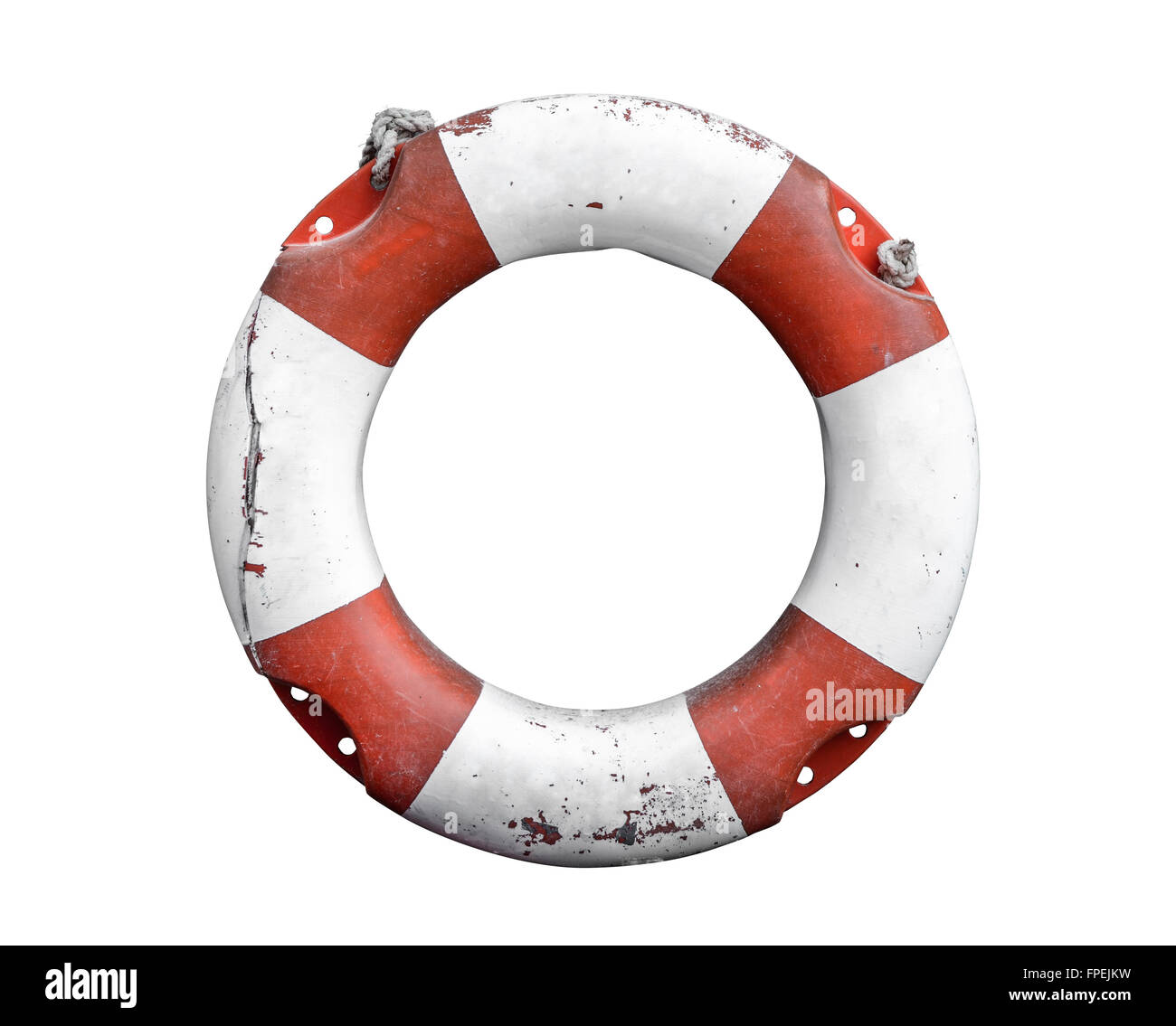Grungy Lifebuoy Or Life Preserver With Rope On White Background Stock Photo