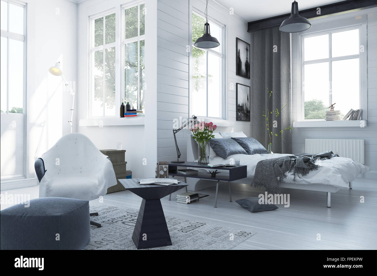 Large Spacious Modern Bedroom Interior With Grey And White