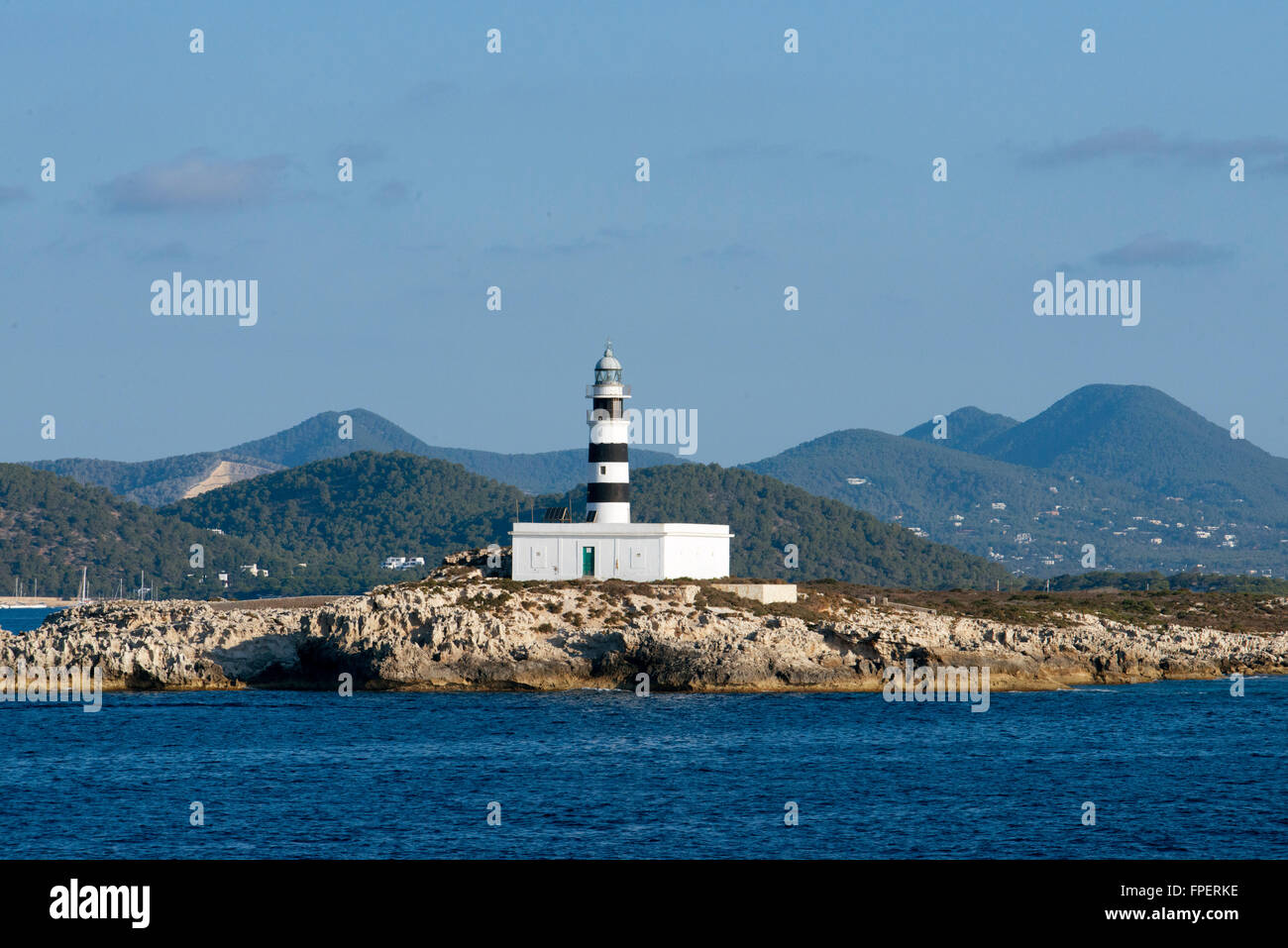 Lighthouse, small island between Ibiza and Formentera, Pityuses, Balearic Islands, Spain, Europe Stock Photo