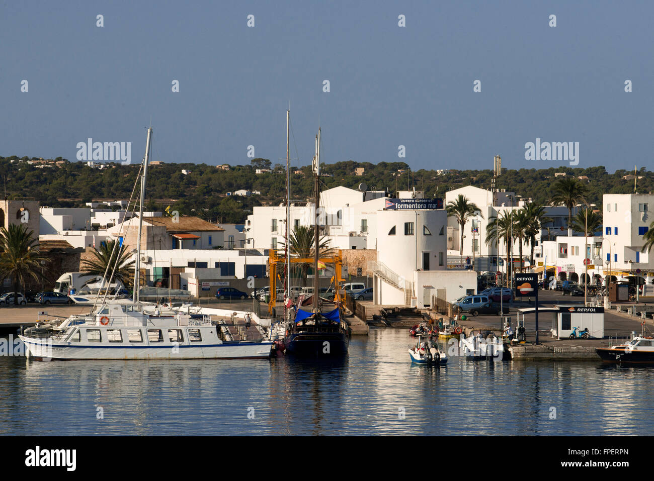 Boats, ships, port, La Savina, Formentera, Pityuses, Balearic Islands, Spain, Europe Stock Photo