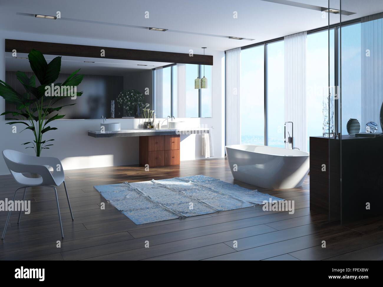 Contemporary Bathroom With A Modern Boat Shaped Bathtub In Front Of A Stock Photo Alamy
