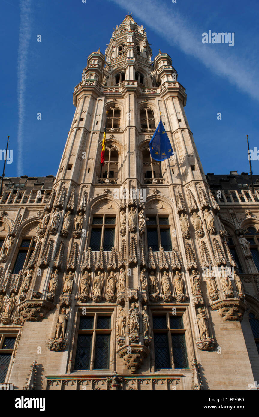Hôtel de Ville, Brussels, Belgium. The town hall, which occupies the southwest façade is the only medieval building left standin Stock Photo
