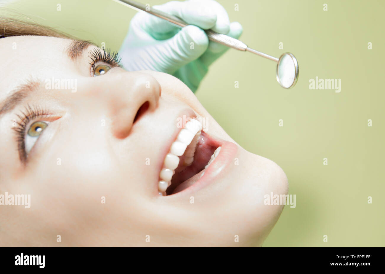 Young woman teeth close up dentist check Stock Photo