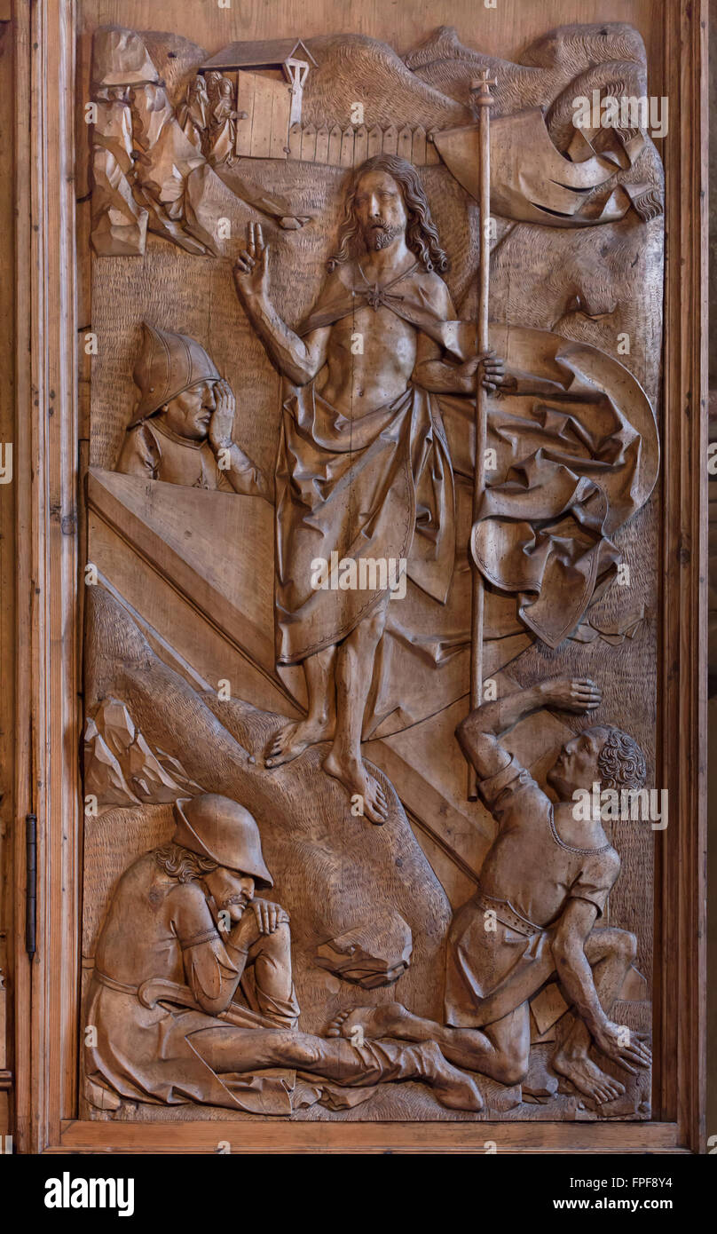 Resurrection of Jesus. Detail of the side wing panel of the Crucifixion Altarpiece (1508) by German sculptor Tilman Riemenschneider in Peter-und-Paul Kirche in the Detwang near Rothenburg ob der Tauber, Middle Franconia, Bavaria, Germany. Stock Photo