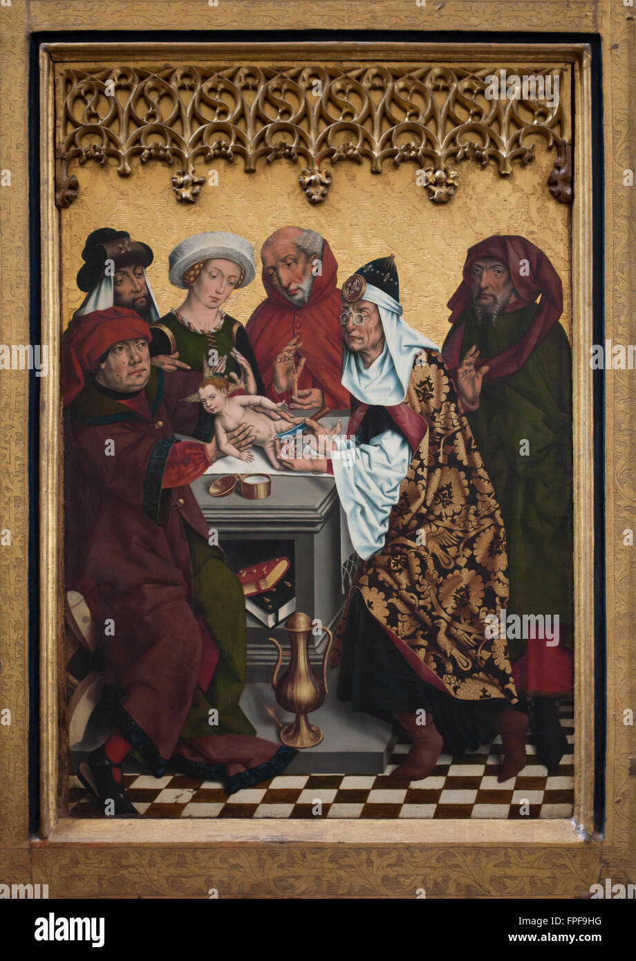 Circumcision of Jesus. Detail of the Twelve Apostles Altarpiece (1466) by German painter Friedrich Herlin in Saint James' Church in Rothenburg ob der Tauber, Middle Franconia, Bavaria, Germany. Stock Photo