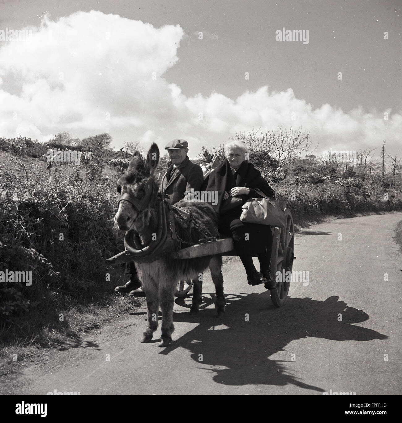 1950s historical, Irish couple on donkey and cart, ireland Stock Photo