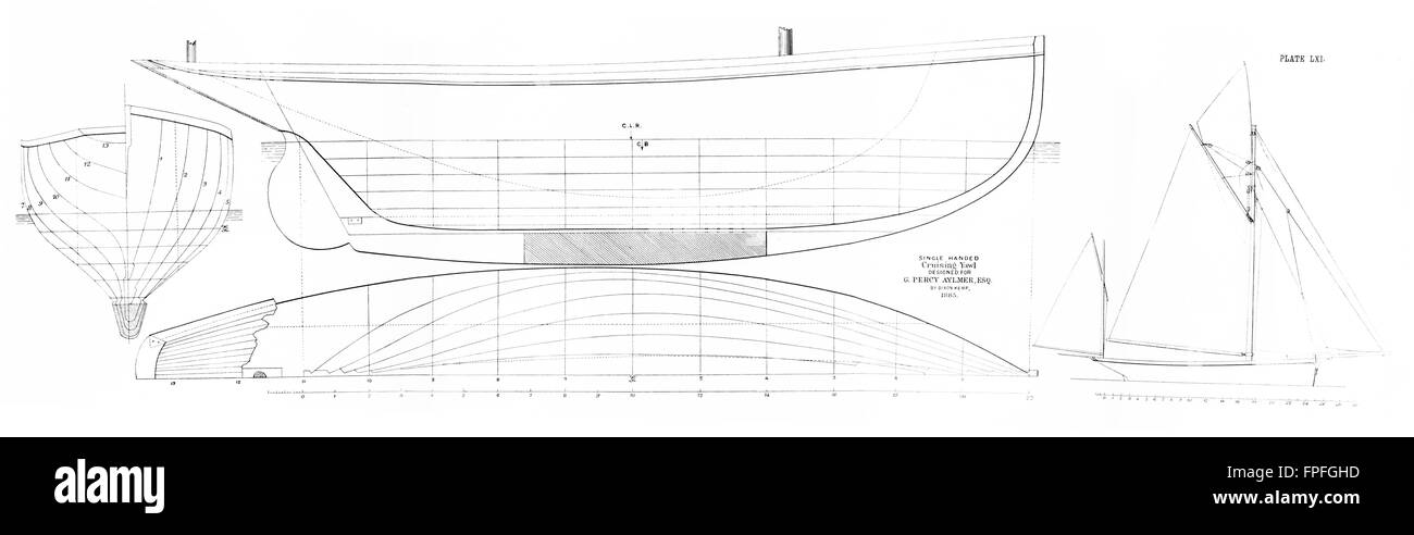 SAILING YAWL: Deck Plan, Aylmer, Kemp-LARGE, antique print 1891 Stock Photo