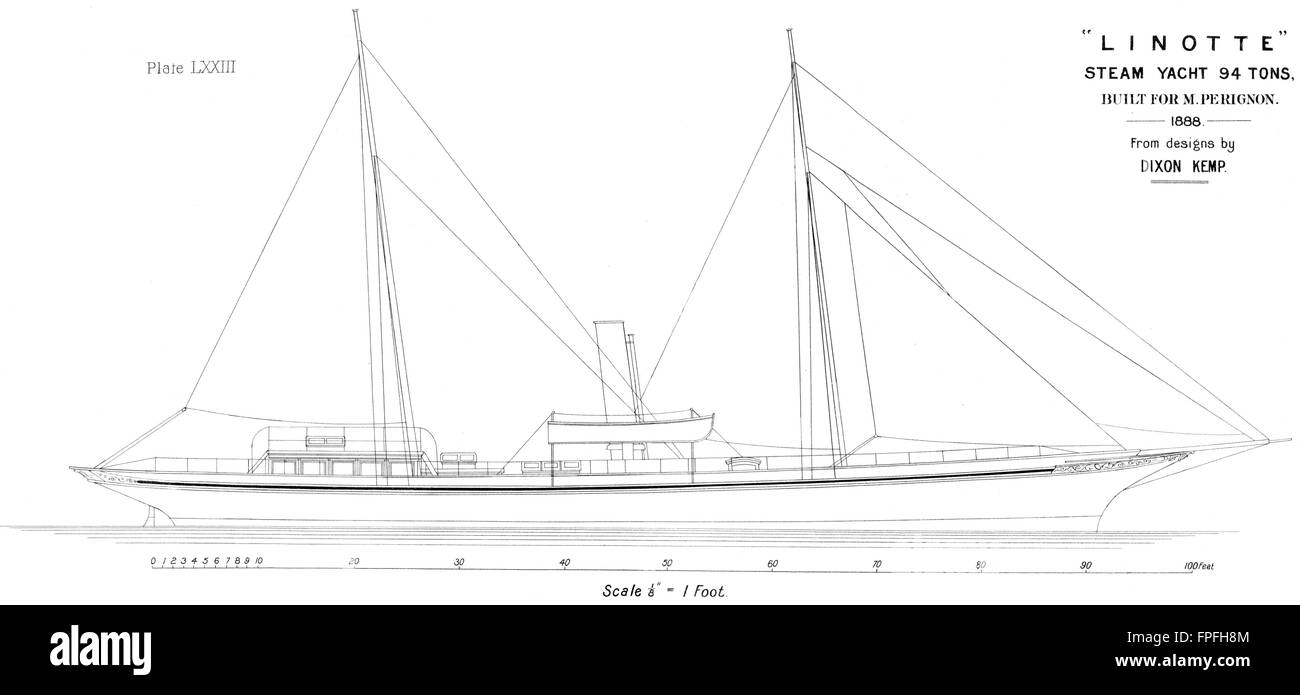 STEAM YACHT: 'Linotte' 94 tons, sail plan, Perignon, antique print 1891 Stock Photo
