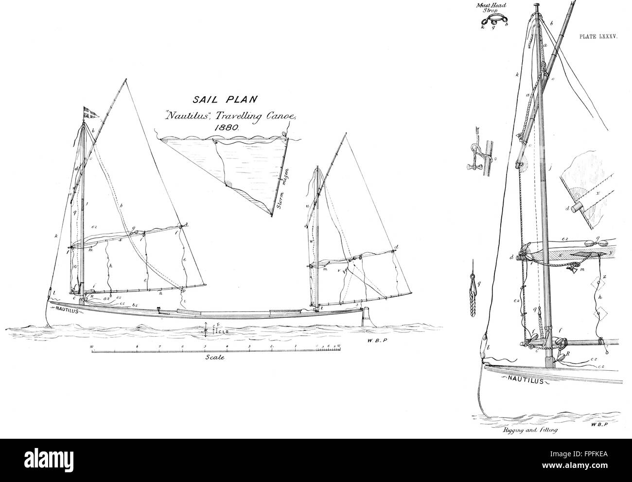 BOATS 'Nautilus Canoe, Sail Plan, Rigging & fitting, antique print