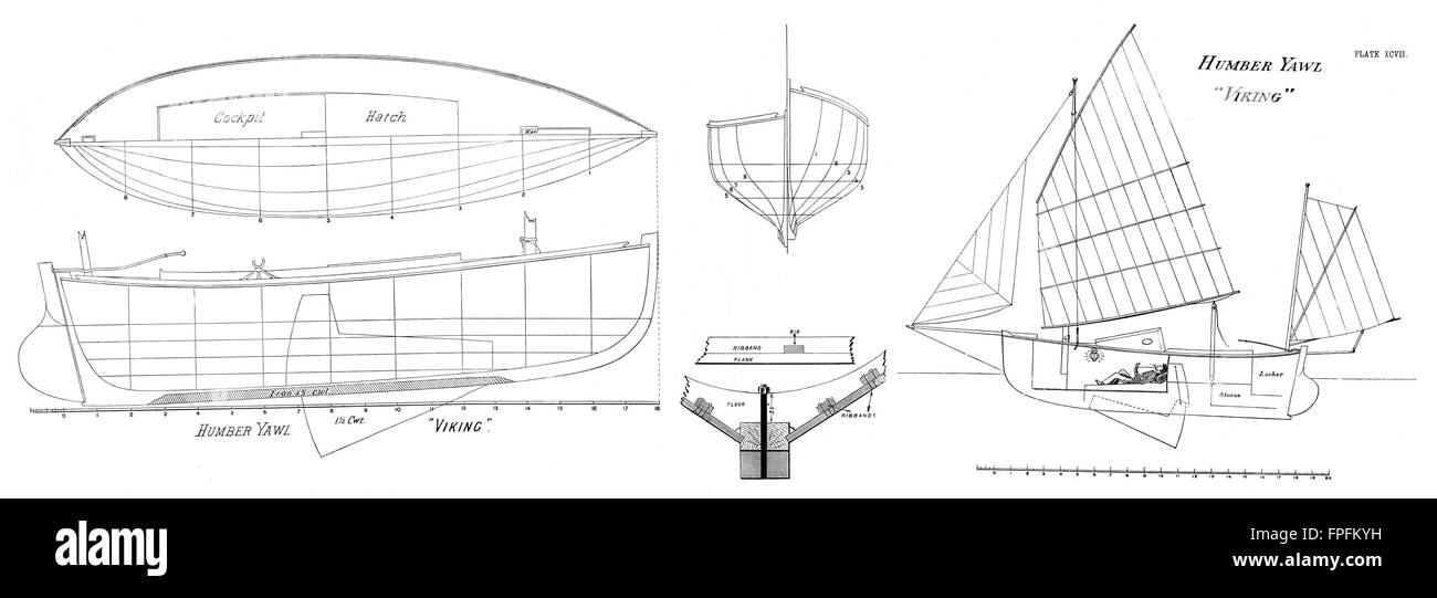 Humber Canoe Yawl Plan 'Viking'LARGE, antique print 1891 Stock Photo
