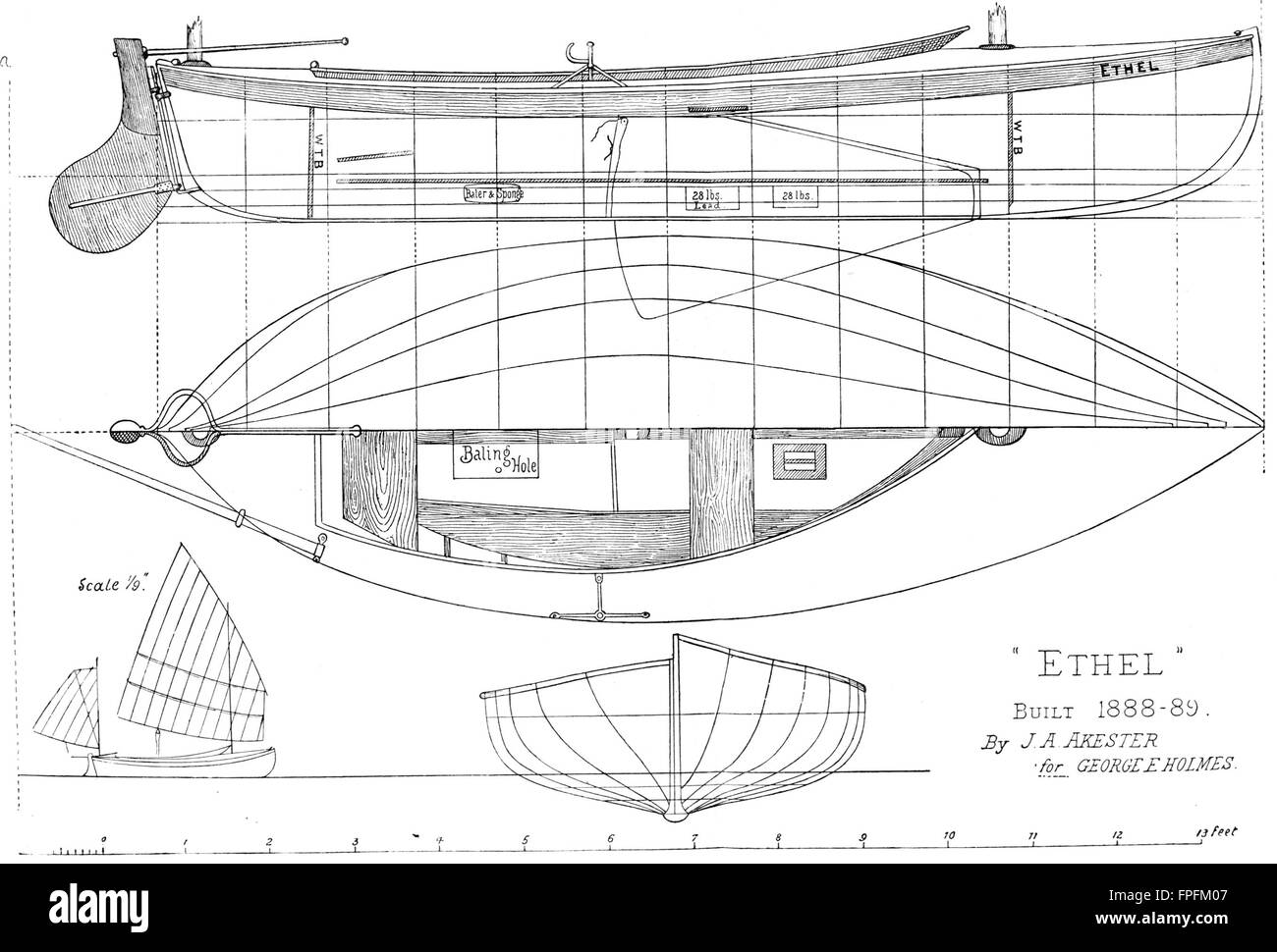 boat plan: humber canoe yawl 'ethel', antique print 1891