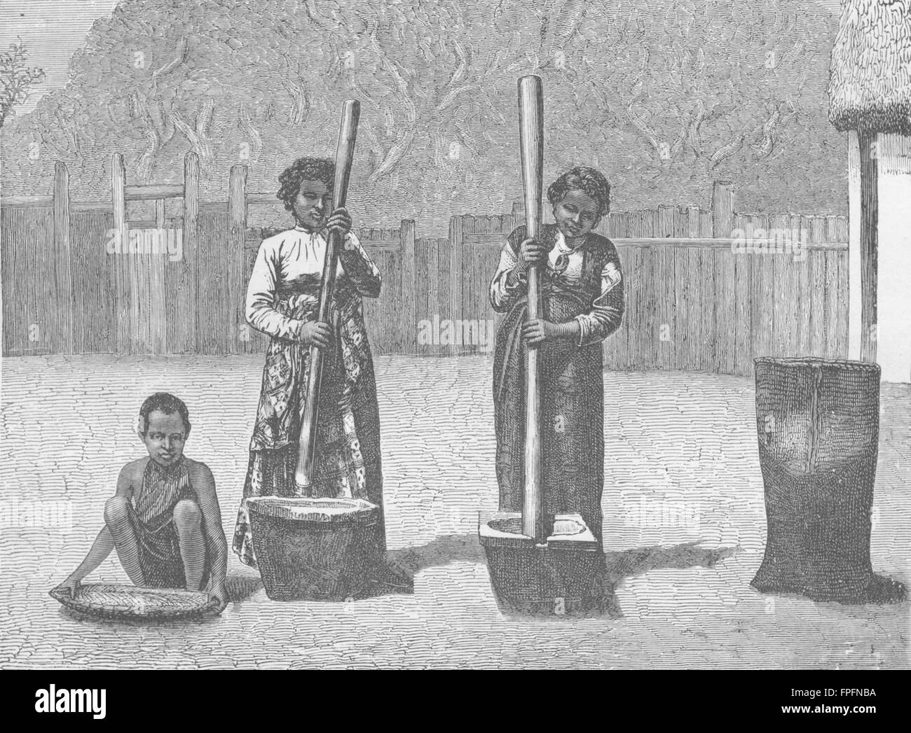 MADAGASCAR: Rice-Pounding, antique print 1880 Stock Photo