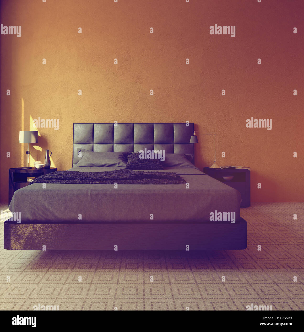 Modern Luxury Orange Bedroom Interior With A Double Divan
