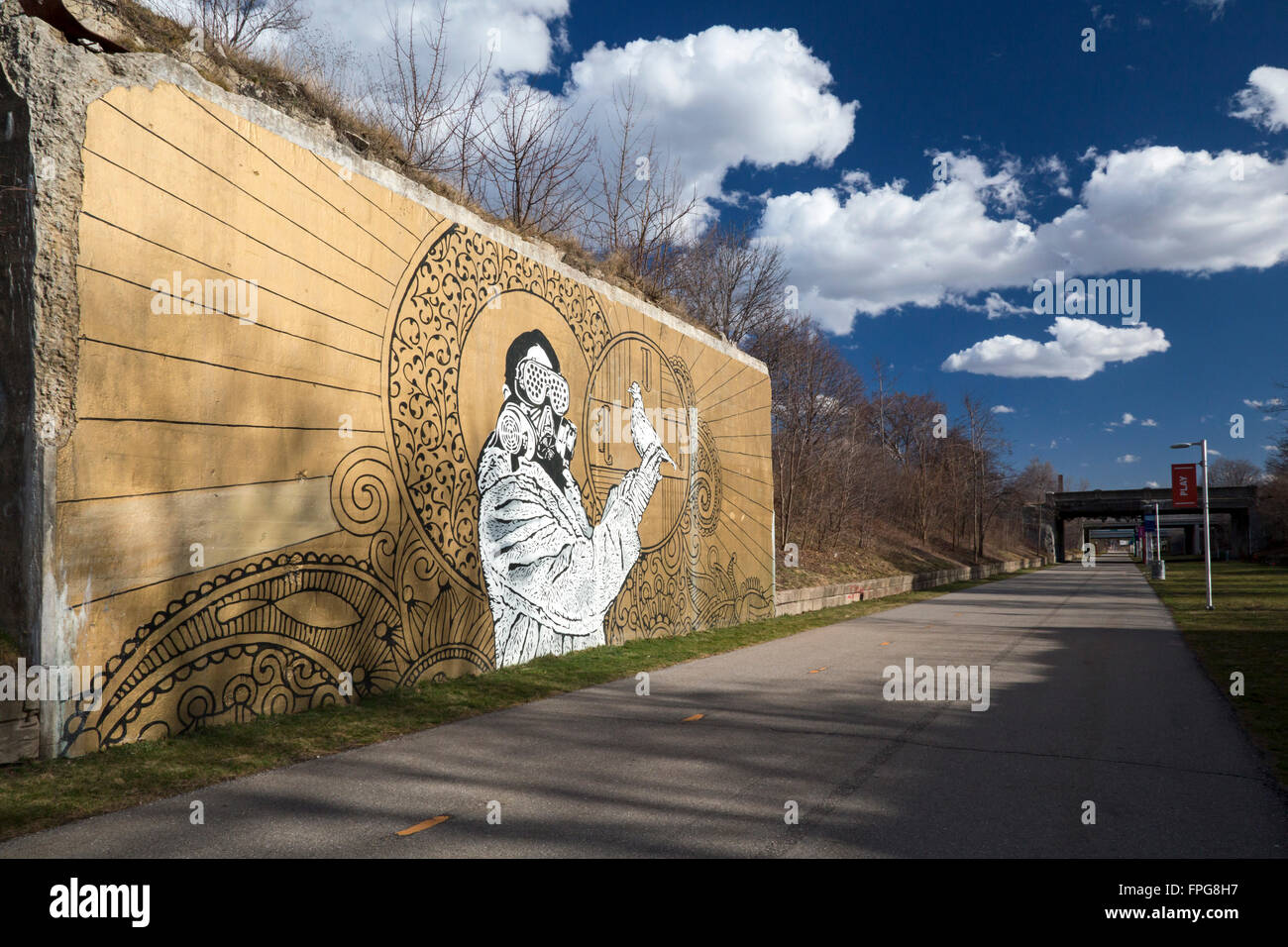 Detroit, Michigan - Artwork along the Dequindre Cut Greenway, a hiking/biking path which follows the route of a former railroad. Stock Photo