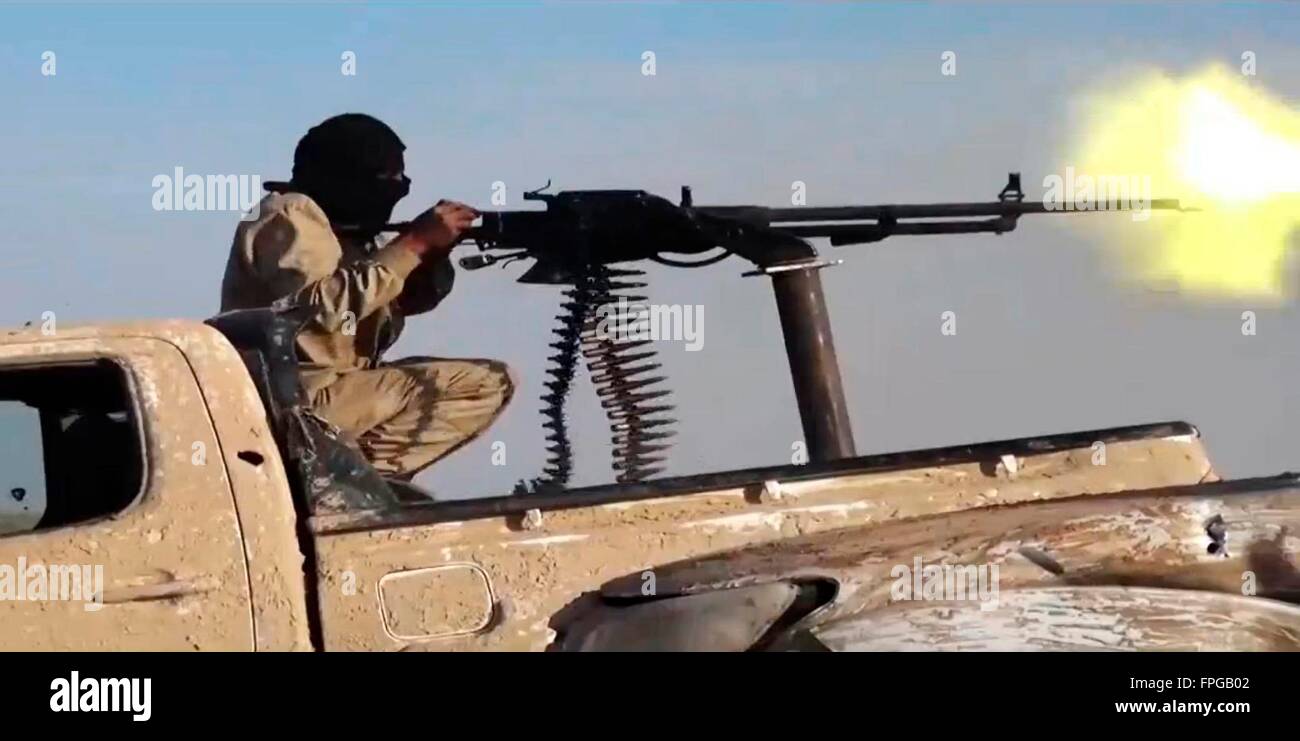 An ISIS propaganda video showing Islamic State militants during battles along the border of Iraq and Syria in an area described as Wilayah al-Khayr January 13, 2016 near Deir ez-Zor, Syria. Stock Photo