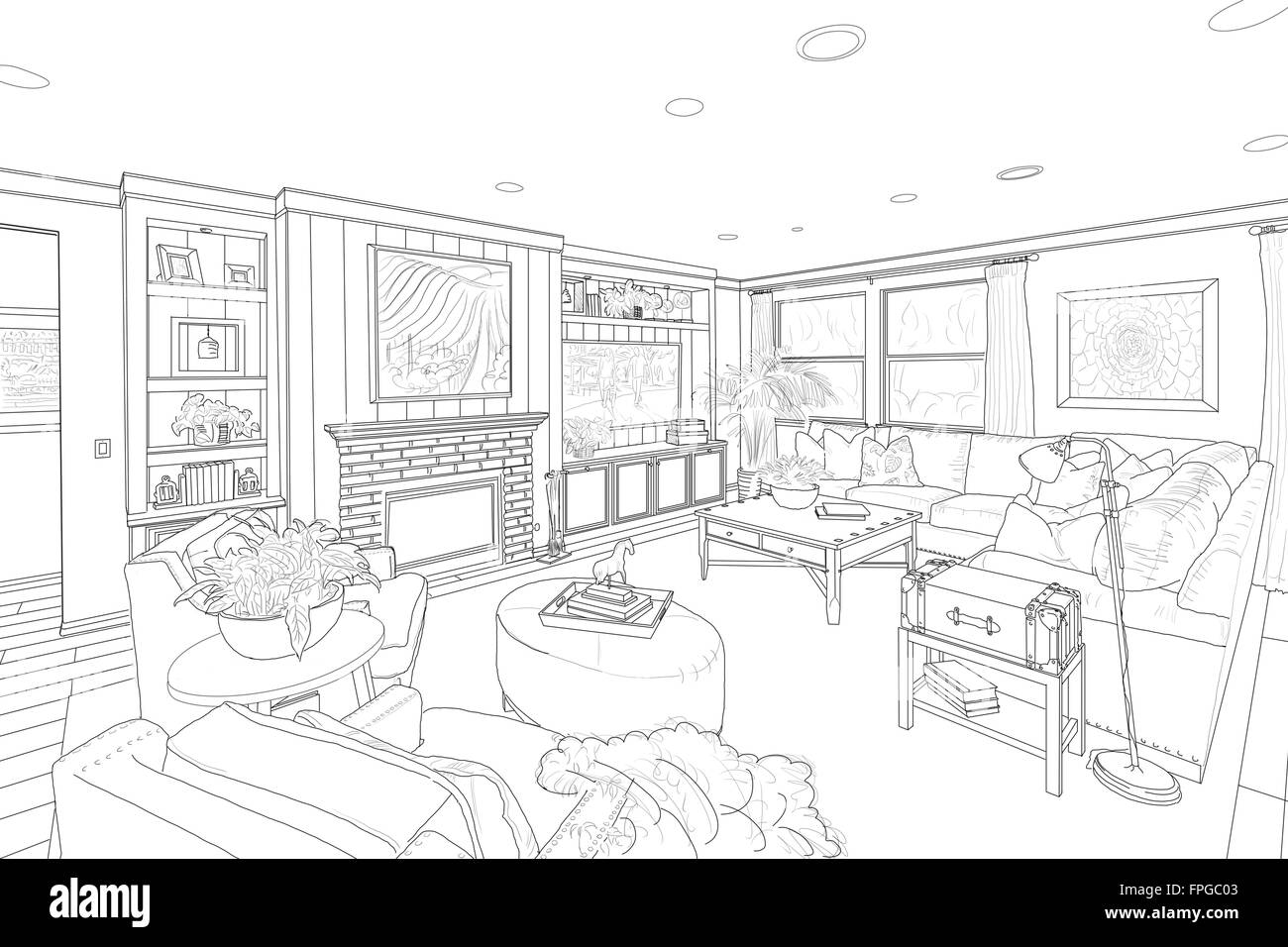 Detailed Black Line Drawing of a Custom Living Room. Stock Photo