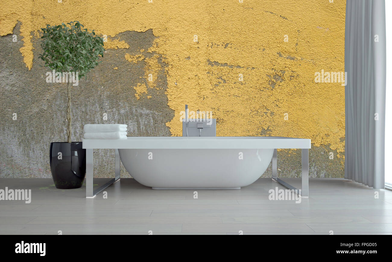Bathroom Interior With Feature Grunge Yellow Wall With
