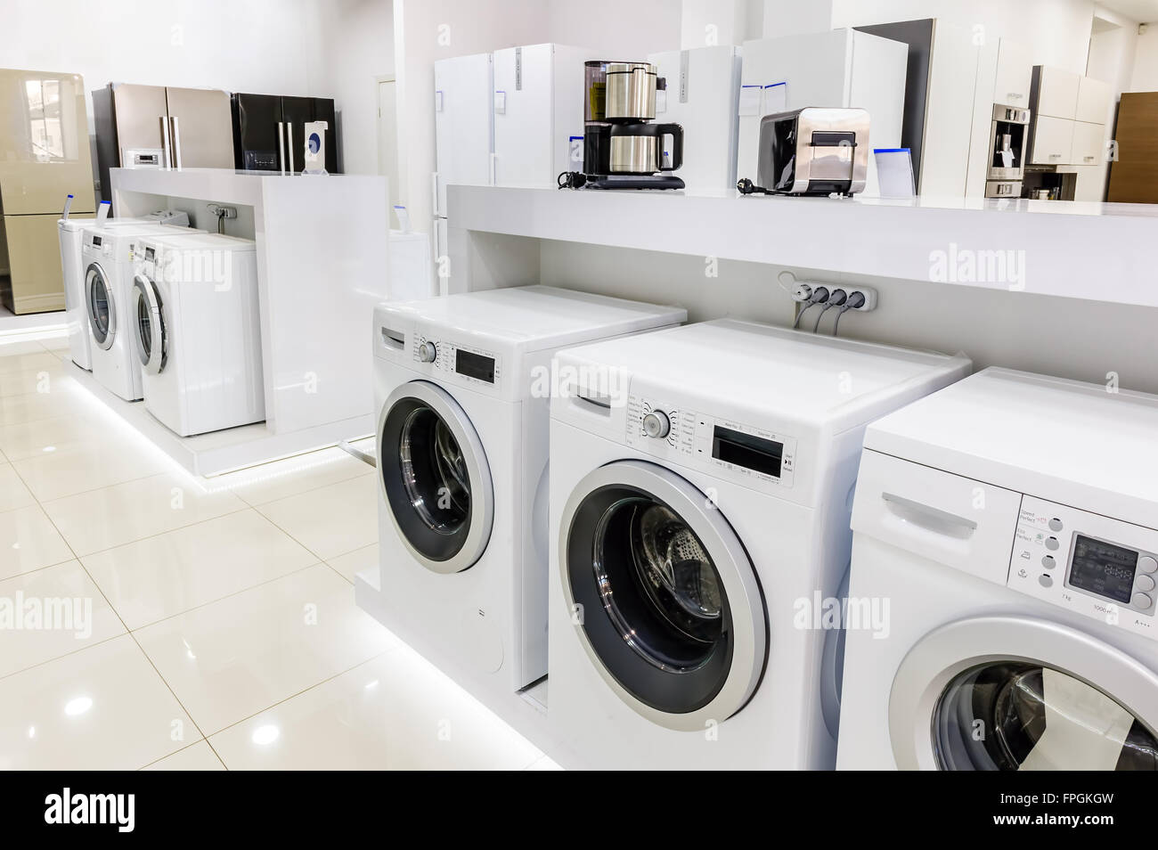 washing mashines in appliance store Stock Photo