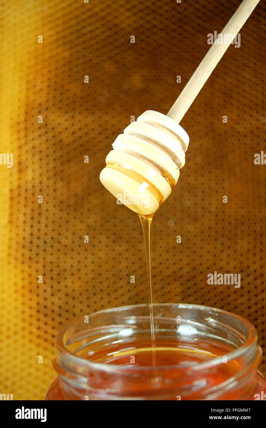 Honey dripping from a wooden honey dipper on honeycomb background Stock Photo