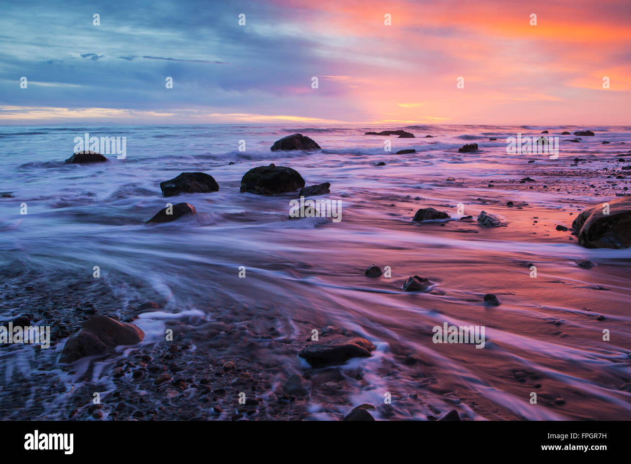 winter storms erode the sandy beach at Arroyo Burro, or Hendry's Beach, in Santa Barbara, California Stock Photo