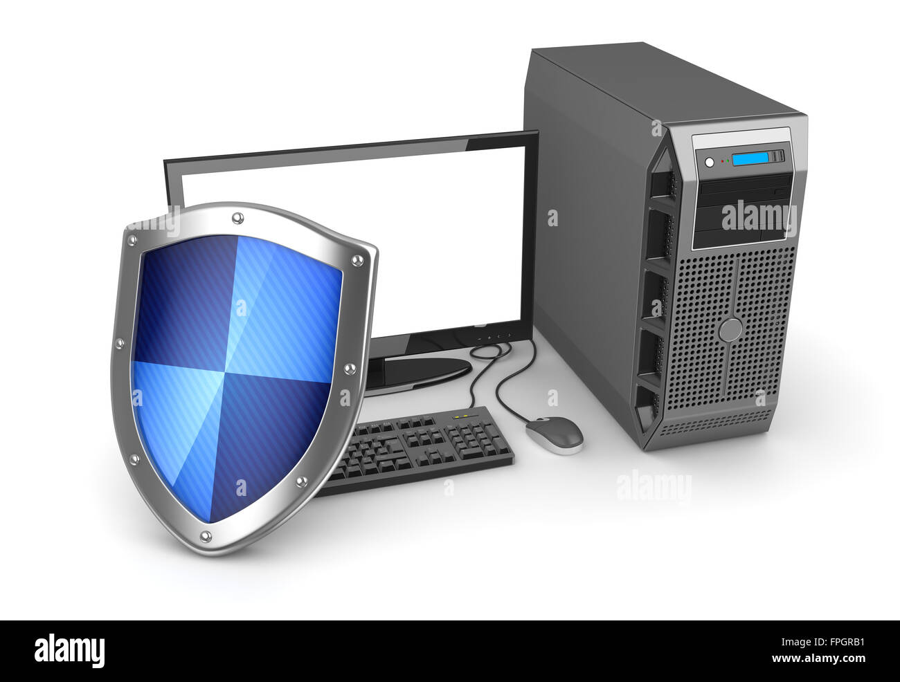 Desktop PC and shield , This is a computer generated and 3d rendered image. Stock Photo