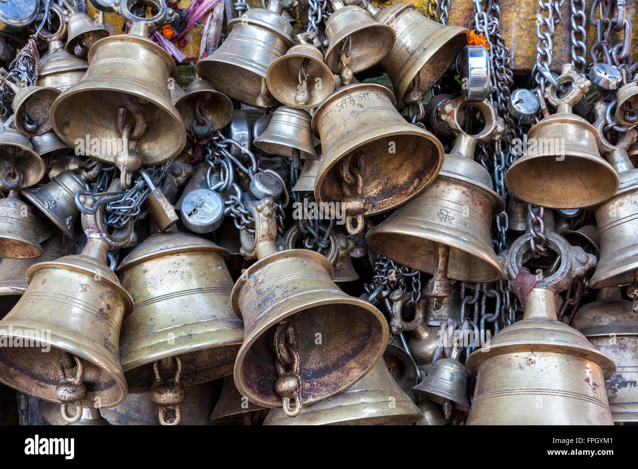 Nepal, Patan.  Bells Hanging in a Hindu Temple. Stock Photo