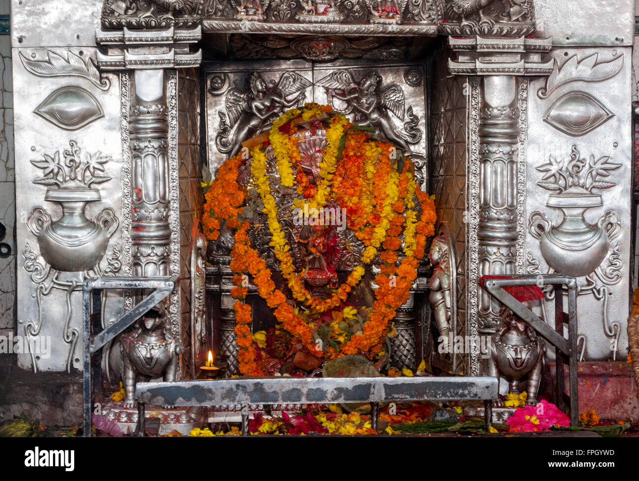 Nepal, Patan.  Shrine inside Hindu temple. Stock Photo