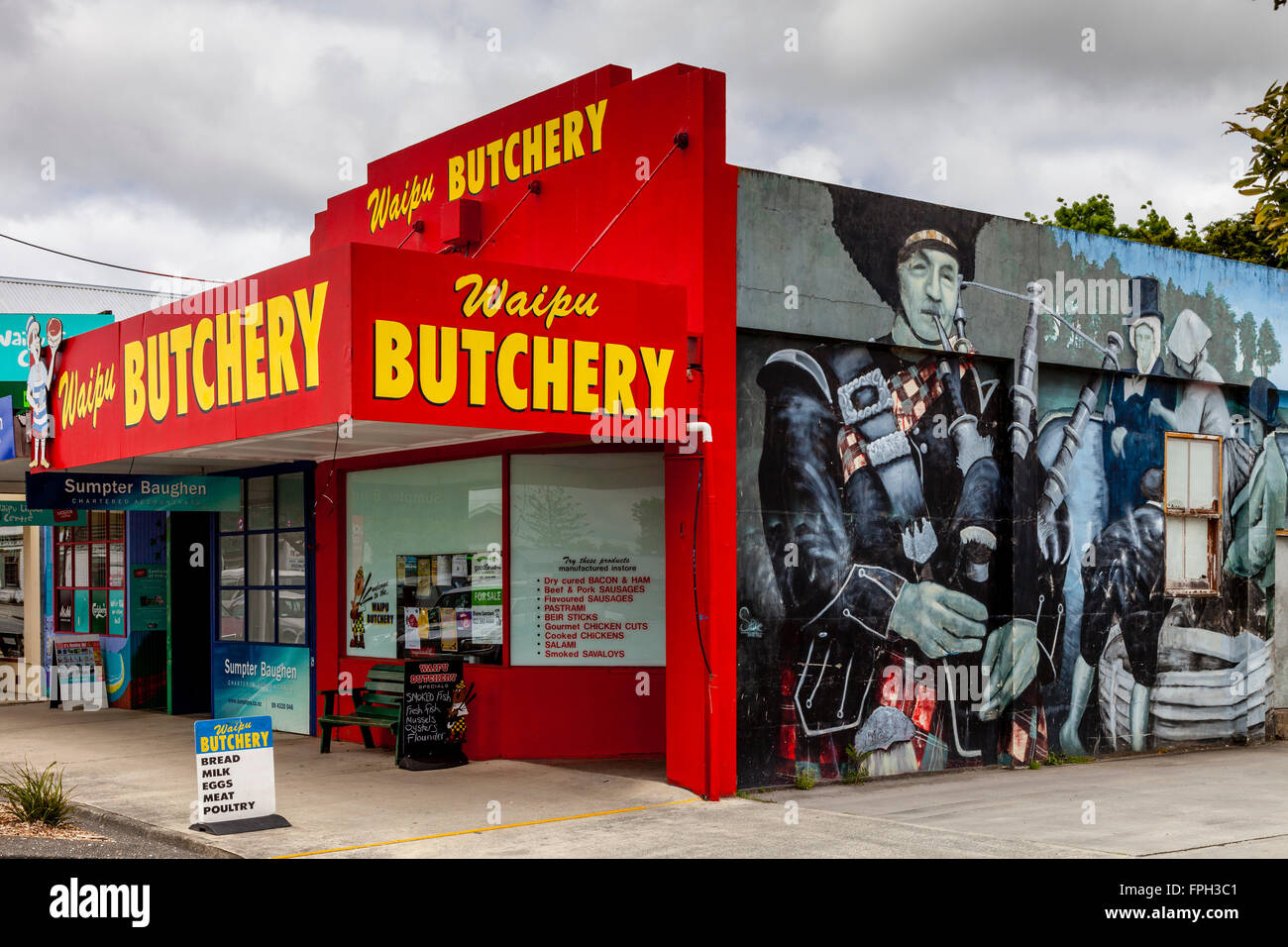 Colourful Butchers Shop Exterior, Waipu, Northland, New Zealand Stock