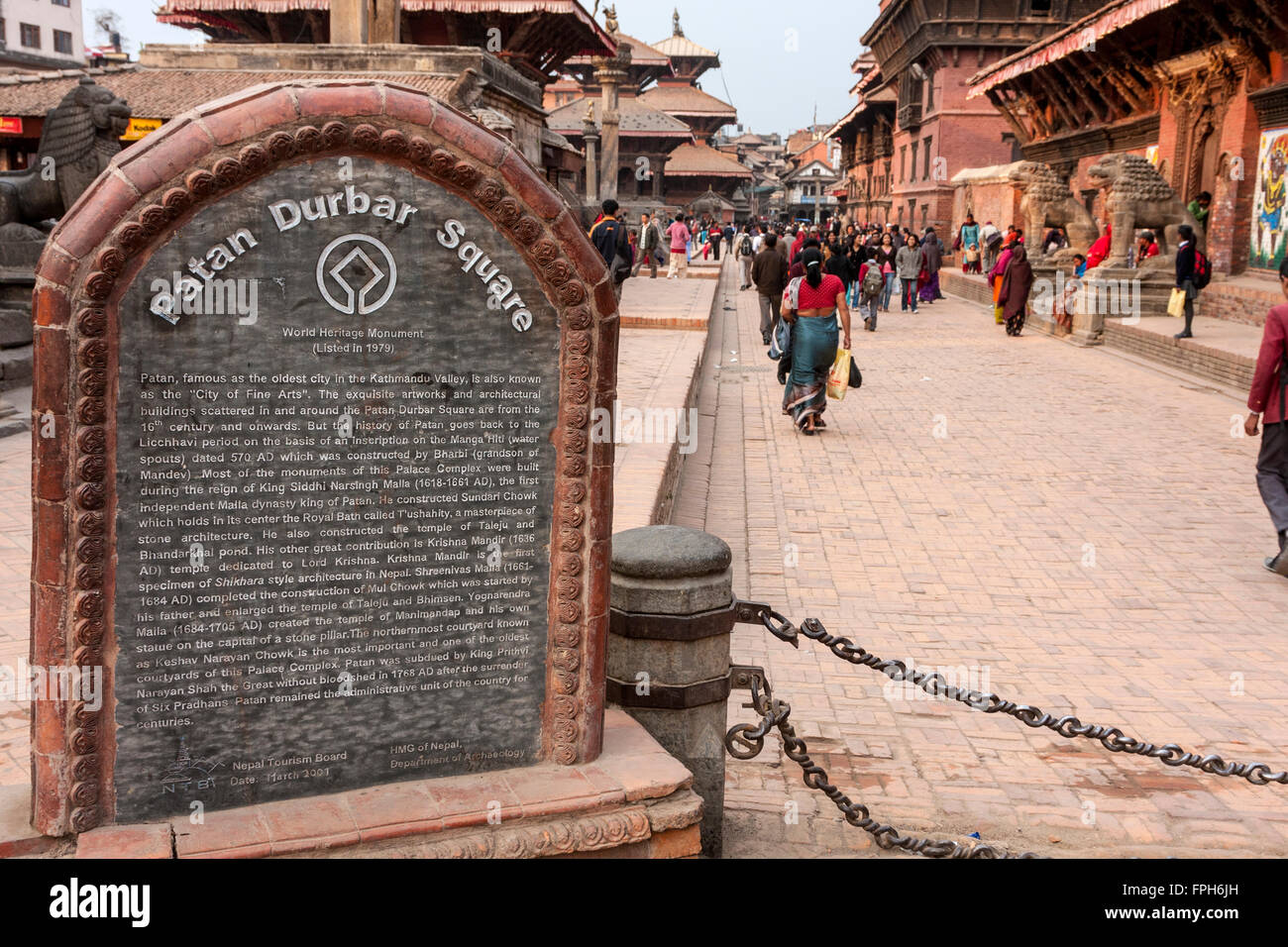Nepal, Patan.  Durbar Square Sign, Noting History and World Heritage Status. Stock Photo