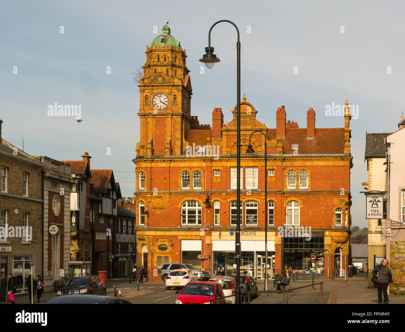 Old Town Hall clock tower and Barclays Bank building Short Bridge Street Newtown Powys Wales